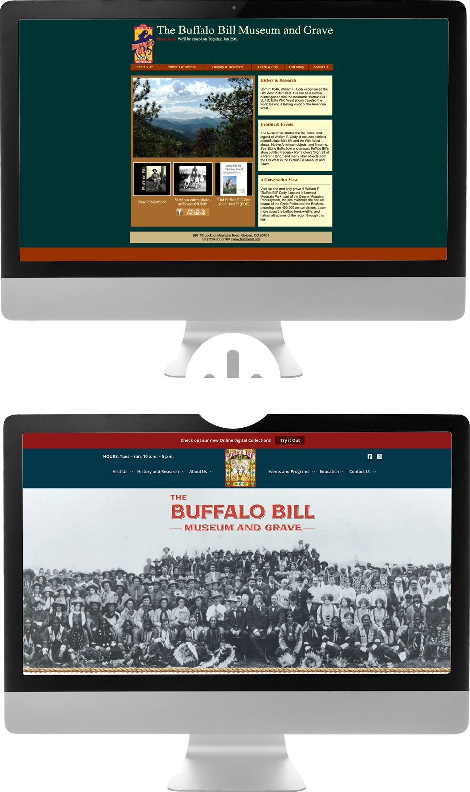 two desktops showing before and after of Buffalo Bill website