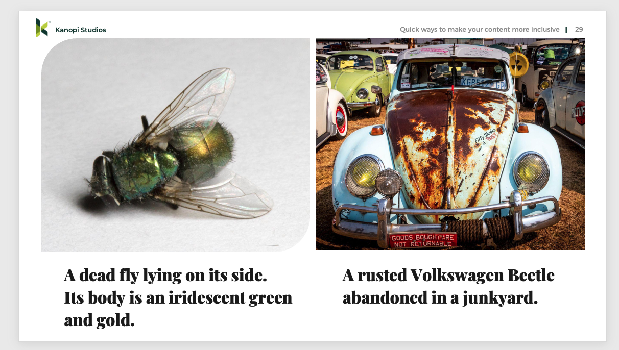Slide from presentation showing a better way of description a dead fly lying on it’s side and a rusted Volkswagen Beetle car abandoned.