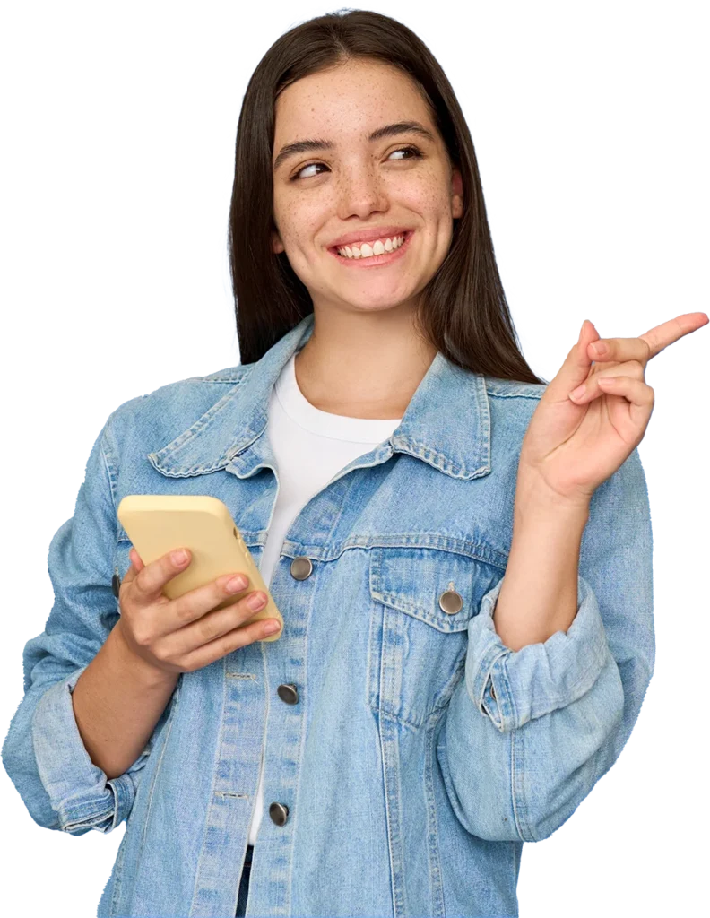 Woman holding phone and pointing