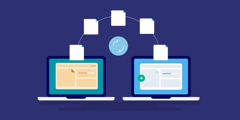 Two laptop screen with files moving from one to the other